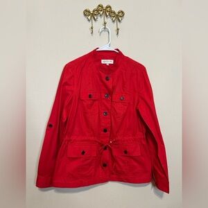 Jones New York Red Short Trench Coat Vibrant Style with Large Black Buttons